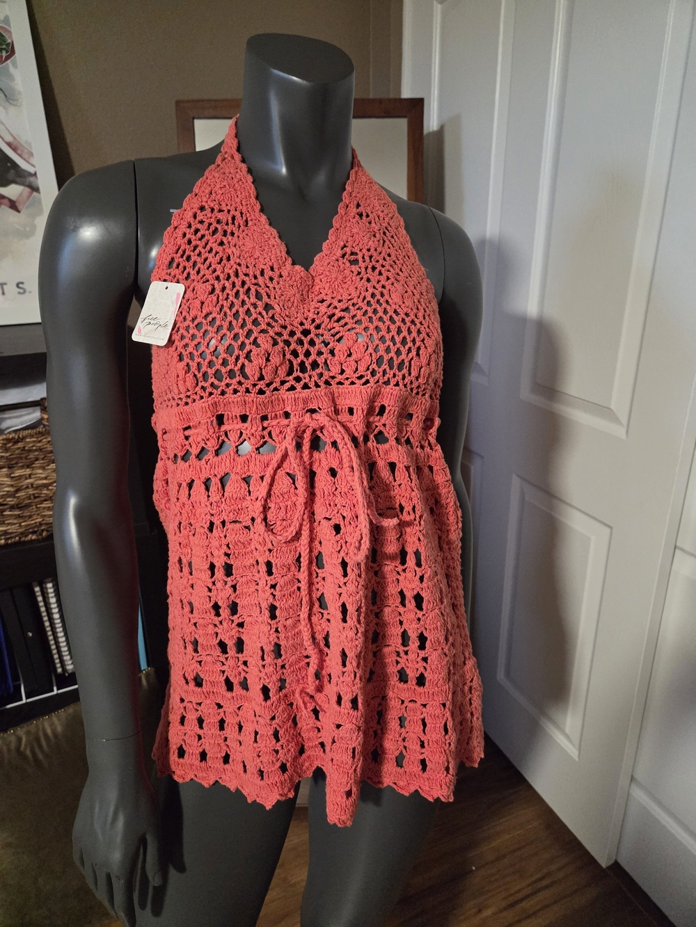 NWT Free People Coral Crochet Halter Tie Waist Swim Coverup